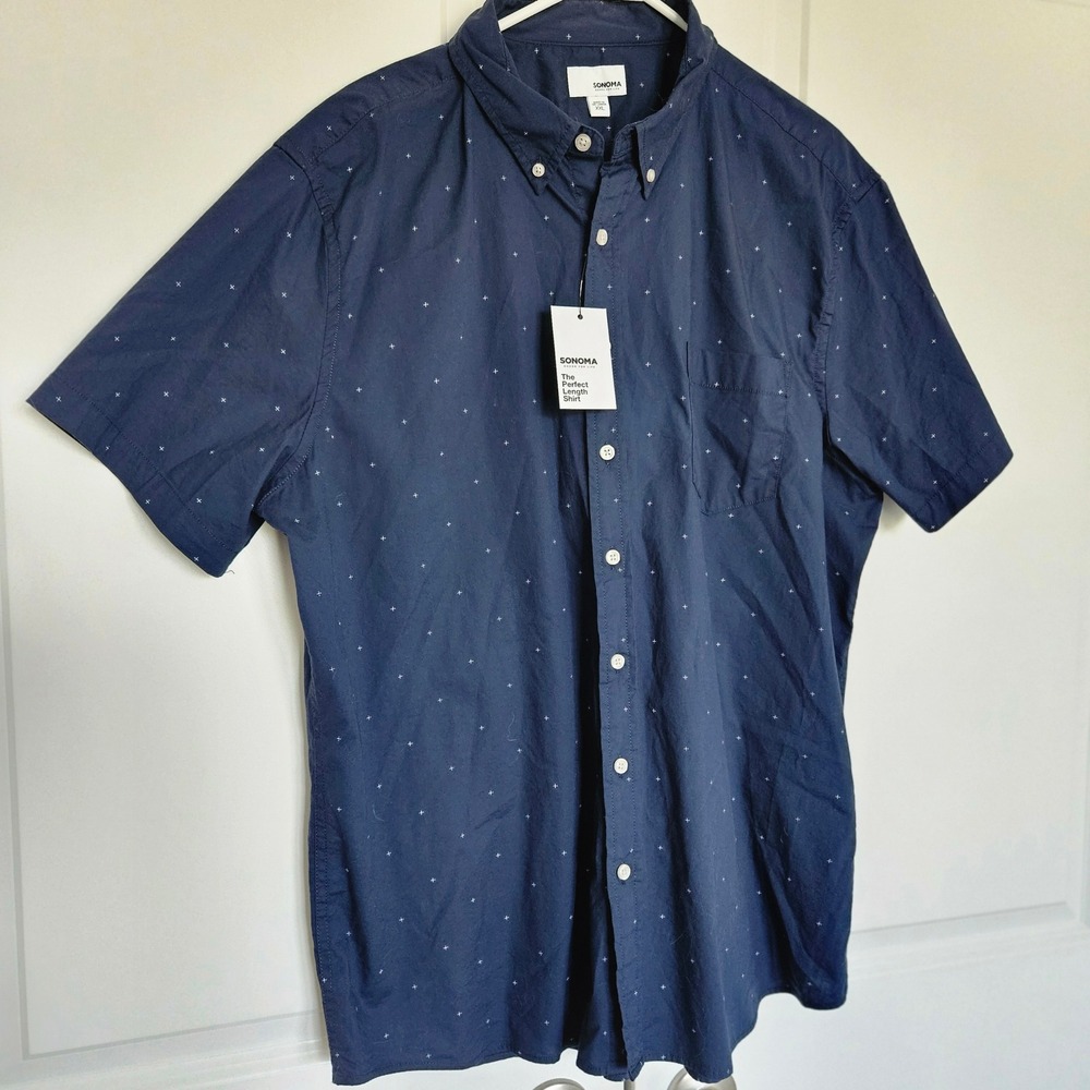 Sonoma Button Down Mens Sz XXL - Navy Blue Geo Print Short Sleeve Casual NEW